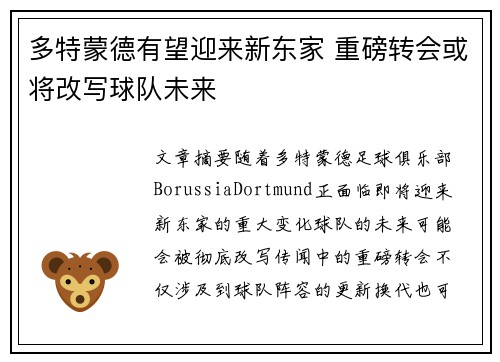 多特蒙德有望迎来新东家 重磅转会或将改写球队未来