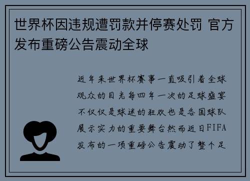 世界杯因违规遭罚款并停赛处罚 官方发布重磅公告震动全球