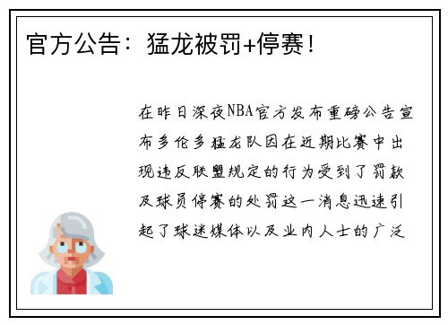 官方公告：猛龙被罚+停赛！